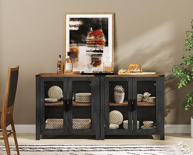 WAMAPT Sideboard Buffet Cabinets with 4-Mesh Door, Kitchen Storage Cabinets with Adjustable Shelf, Wood Coffee Bar Accent Storage Table Cabinet for Dining, Living and Bed Room，Dark Walnut and Black