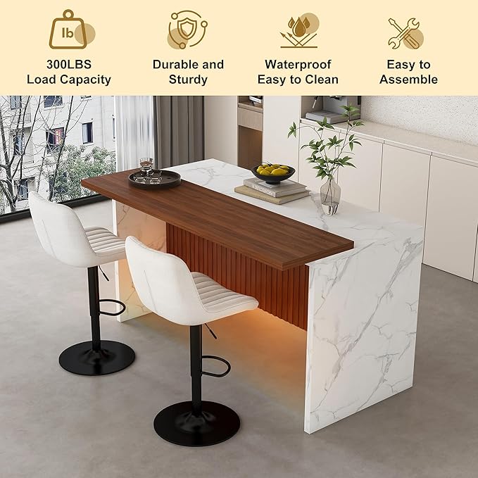 63" Kitchen Island Set with 2 Beige Bar Stools White Marble Look, LED Lighting Grill for Dining Room, Open Concept Spaces, Lounge(2 Beige Bar Stools)