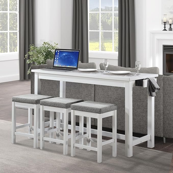 Lexicon Oreille Bar Table with Stools Set, Modern Console Table with Stools - 4-Piece Set with 2 USB Ports & A/C Power Outlets, Counter Height, Discrete Drawer, Perfect Dining Room & Kitchen White