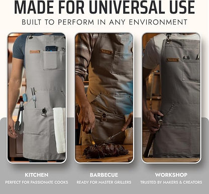 Asaya Chef and BBQ Apron with Bottle Opener and Hand Towel - 10oz Cotton Canvas, Stainless Steel Hardware - Cross Back Straps