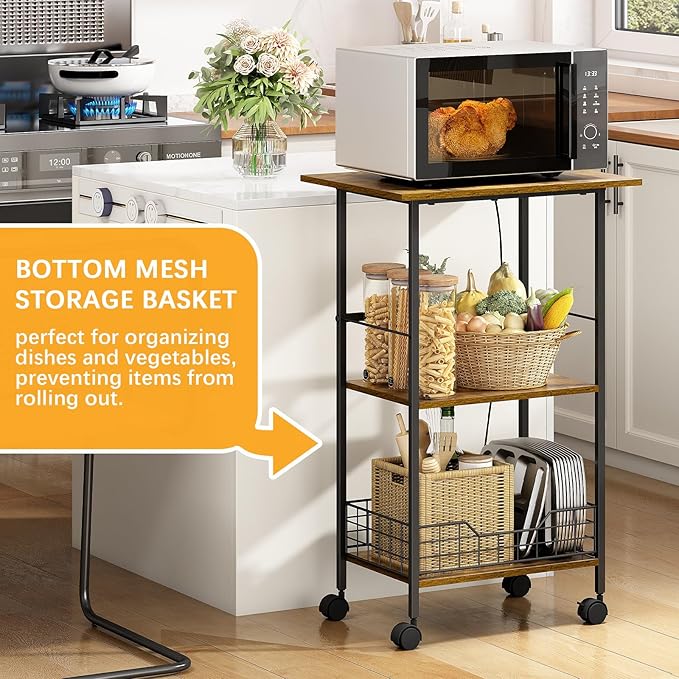 Microwave Stand with Storage, 3-Tier Rolling Kitchen Cart Table with Wire Basket, Wood and Metal Utility Cart on Wheels, Small Coffee Bar Station Cart As Kitchen Island, Microwave Shelf Organizer