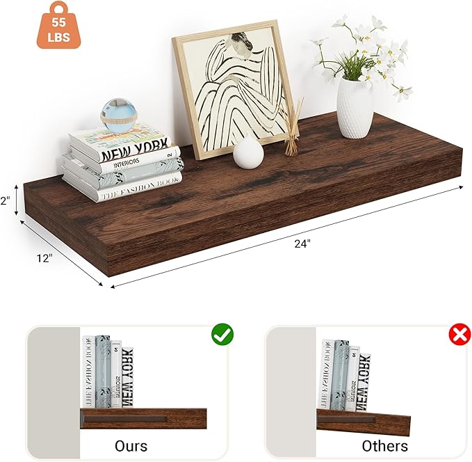Heimlove 24 x 12 Inch Deep Floating Shelves Wall Mounted with Invisible Brackets,Storage Hanging Shelf for Wall Decor in Bathroom, Bedroom, Kitchen, Living Room, Office Set of 1 (Rustic Brown)
