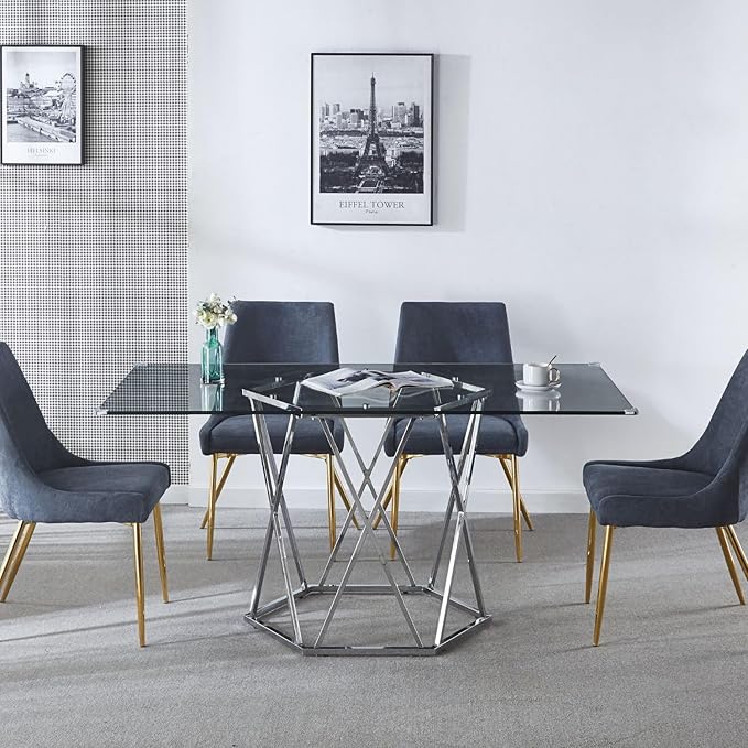 AXIOS 63 Inch Rectangle Glass Dining Table Tempered Glass Tabletop and Hexagonal Metal Base Design 63" Lx35.5 Wx30 H Modern Table Kitchen Table for 4-6 Home Kitchen, Dining Room (Silver)