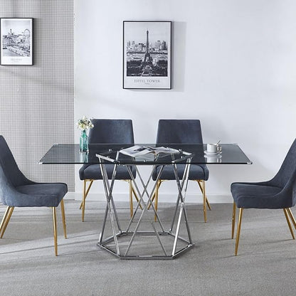 AXIOS 63 Inch Rectangle Glass Dining Table Tempered Glass Tabletop and Hexagonal Metal Base Design 63" Lx35.5 Wx30 H Modern Table Kitchen Table for 4-6 Home Kitchen, Dining Room (Silver)