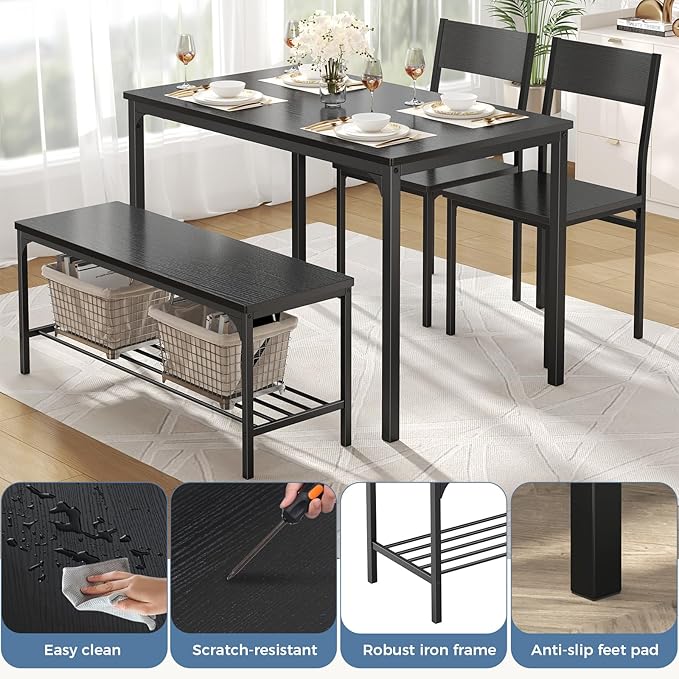 DUMOS Dining Table, Dining Table Set for 4 with Bench, Easy to Assemble Kitchen Table, Space-Saving Ideal 4-Person Set for Dining Room Kitchen Apartment Corner Dark Black 4 Pack