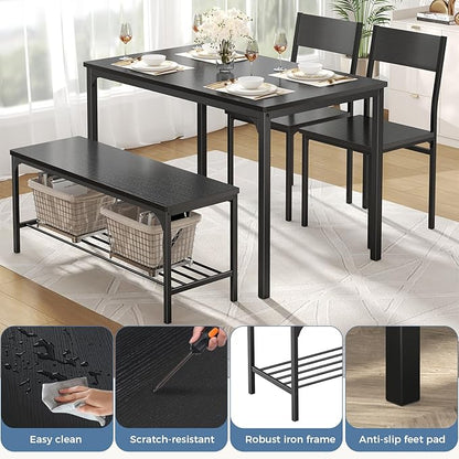DUMOS Dining Table, Dining Table Set for 4 with Bench, Easy to Assemble Kitchen Table, Space-Saving Ideal 4-Person Set for Dining Room Kitchen Apartment Corner Dark Black 4 Pack