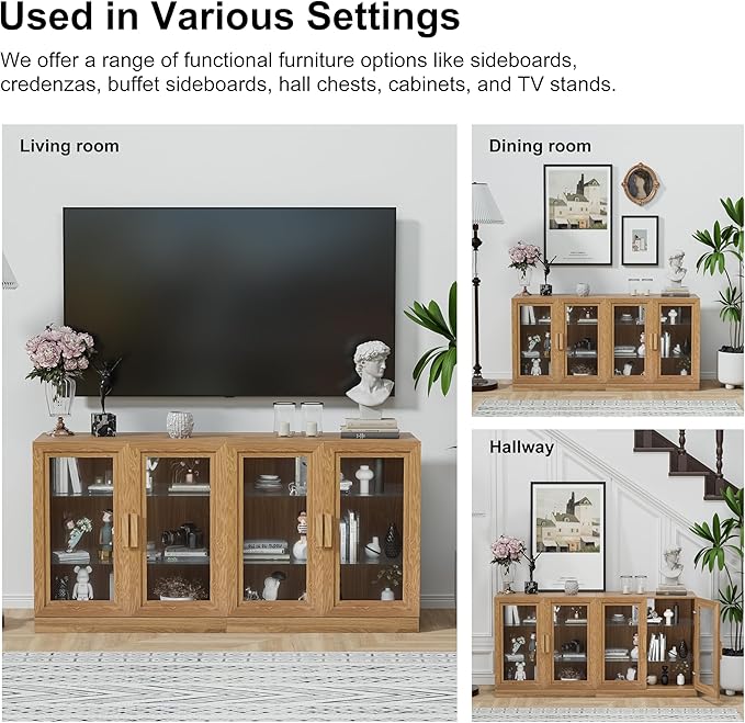 Casaphoria Adam Sideboard Buffet Cabinet with Storage, Display Cabinet with Glass Doors & Adjustable Shelves, 31" W x 31" H Buffet Cabinet for Entryway Kitchen Living Room, Oak