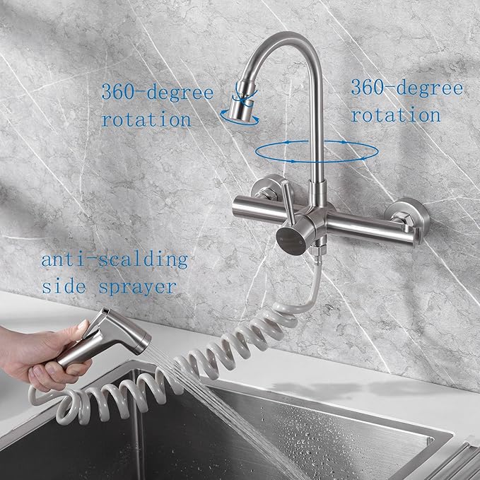 8" Center Wall Mount Kitchen Faucet with Side Sprayer, Brushed Nickle Stainless Steel Sink Mixer Tap, Lead-Free, 360° Swivel Spout