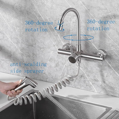 8" Center Wall Mount Kitchen Faucet with Side Sprayer, Brushed Nickle Stainless Steel Sink Mixer Tap, Lead-Free, 360° Swivel Spout