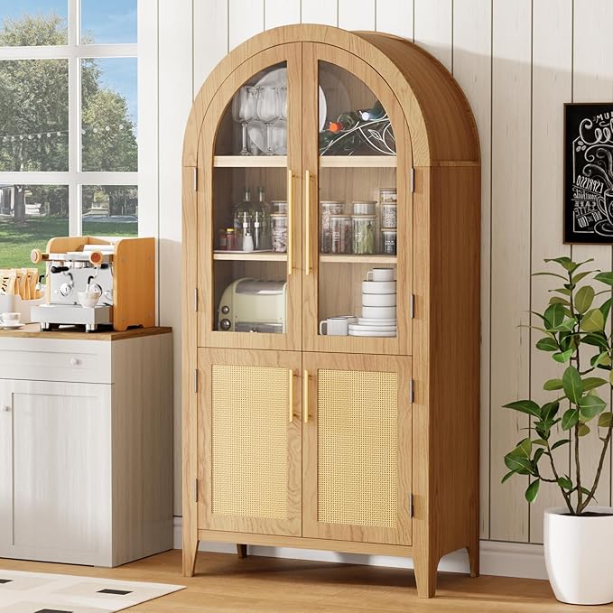 63” Tall Arched Kitchen Pantry Cabinet, 5-Tier Modern Farmhouse Flute Pantry with Adjustable Shelves, Kitchen Storage Cabinet for Kitchen, Dining Room, Living Room, Oak