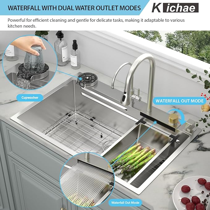 Kichae Waterfall Kitchen Sink Drop In - Kitchen Sink 33x22 Drop In Waterfall with Hot & Cold Water Stainless Steel 16 Gauge Workstation Sinks Handmade Single Bowl with Faucet Combo & Glass Rinser