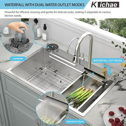 Kichae Waterfall Kitchen Sink Drop In - Kitchen Sink 33x22 Drop In Waterfall with Hot & Cold Water Stainless Steel 16 Gauge Workstation Sinks Handmade Single Bowl with Faucet Combo & Glass Rinser