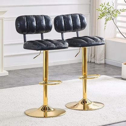 Set of 2 Bar Stools with Adjustable Height, Black PU Leather Upholstered Stools with Gold Metal Base Footrest for Kitchen Island, Home Bar, Game Room