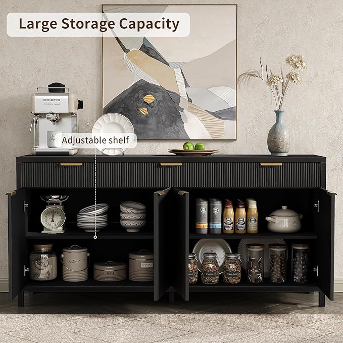 Yanosaku 66" W Fluted Buffet Cabinet, Sideboard Storage Cabinet with 3 Drawers & 2 Cabinets, Mid-Century Coffee Bar Table for Living Room, Black