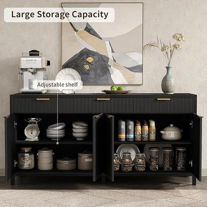 Yanosaku 66" W Fluted Buffet Cabinet, Sideboard Storage Cabinet with 3 Drawers & 2 Cabinets, Mid-Century Coffee Bar Table for Living Room, Black