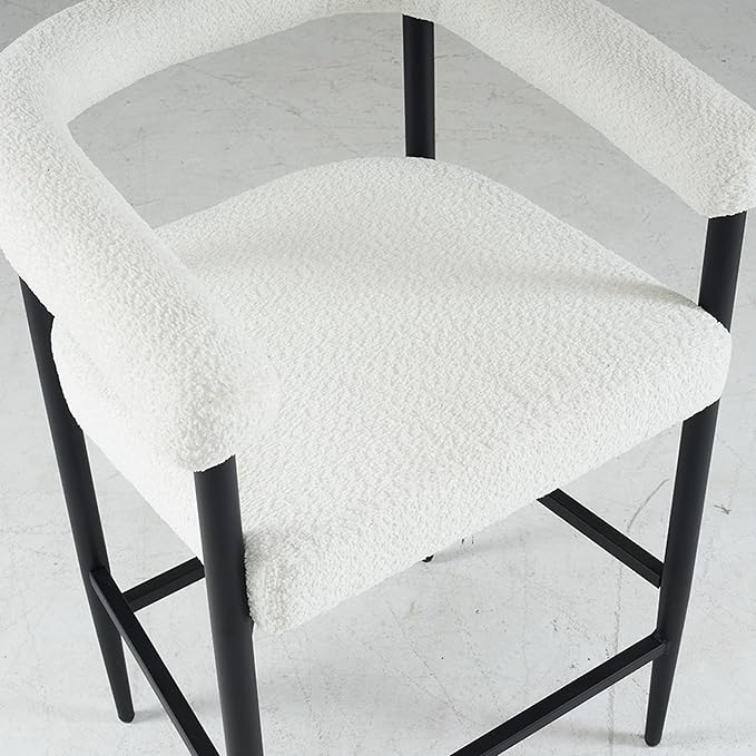 Set of 2 Modern Upholstered Bar Stools, White Boucle Fabric, 24.41”L x21.26”W x36.61”H, Metal Frame & Armrests, Counter Height for Kitchen Island/Home/Dining Room/Cafe