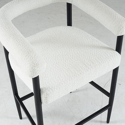 Set of 2 Modern Upholstered Bar Stools, White Boucle Fabric, 24.41”L x21.26”W x36.61”H, Metal Frame & Armrests, Counter Height for Kitchen Island/Home/Dining Room/Cafe