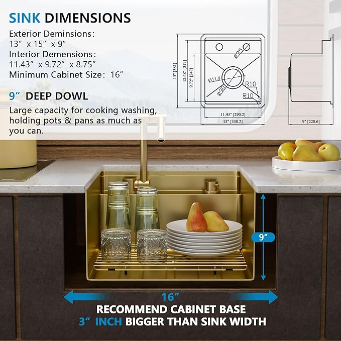 13"x15" Undermount RV Kitchen Sink Workstation – Brushed Gold NANO-PVD, 16 Gauge 304 Stainless Steel, Single Bowl Basin with Foldable Faucet for RV, Camper, Mobile Home, Wet Bar