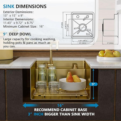 13"x15" Undermount RV Kitchen Sink Workstation – Brushed Gold NANO-PVD, 16 Gauge 304 Stainless Steel, Single Bowl Basin with Foldable Faucet for RV, Camper, Mobile Home, Wet Bar