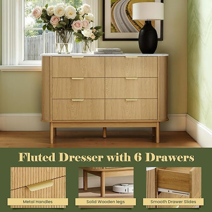 Pamapic Fluted Sideboard Buffet Cabinet, 47" Storage Cabinet with Curved Profile Design & Faux Marble Top, Modern Credenza with 6 Drawers, Wood Buffet Console Table for Living Room, Hallway, Natural