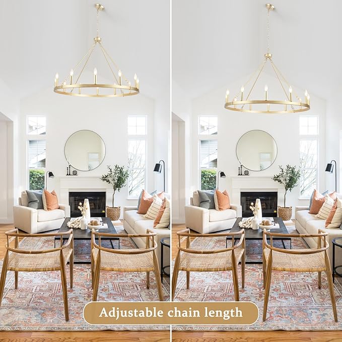 Gold Wagon Wheel Chandelier for Dining Room Light Fixture 12Light Gold Chandelier for Foyer 38inch 27-86" Height Adjustable Pendant Light for Flat Sloped Ceilings Dining Room Kitchen Island Entryway