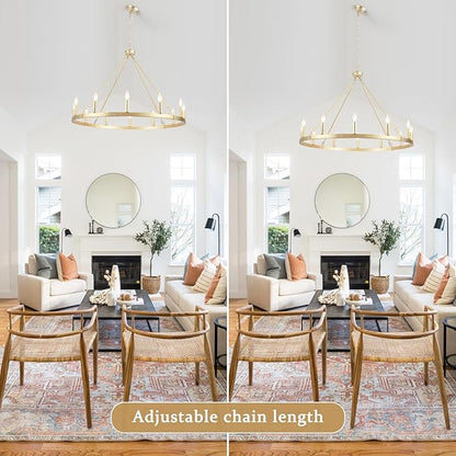 Gold Wagon Wheel Chandelier for Dining Room Light Fixture 12Light Gold Chandelier for Foyer 38inch 27-86" Height Adjustable Pendant Light for Flat Sloped Ceilings Dining Room Kitchen Island Entryway