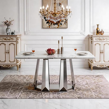 70" Marble Dining Table for 6-8, Modern Luxury Silver Rectangular Large Kitchen Table, Marble Grain MDF Tabletop & Stainless Steel Base, Dinner Furniture for Kitchen Dining Room, Meeting Room, White