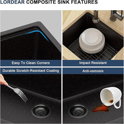 Lordear 21 Inch Black Granite Composite Kitchen Sink Workstation 21x18 Matte Black Undermount Quartz Sinks Under Counter Single Bowl Sink with Black Accessories