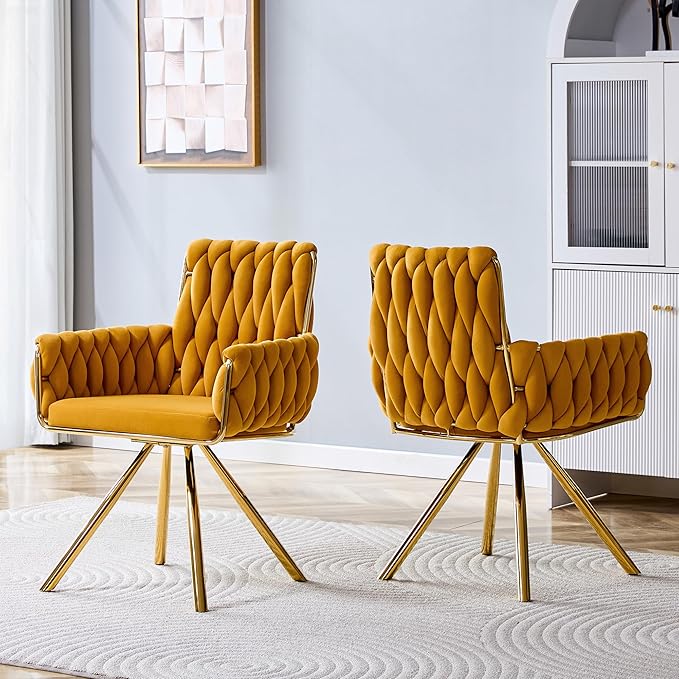 Upholstered Dining Chairs Set of 2, Hand-Woven Back Kitchen Chair, Large Gold Dining Chairs,Velvet Upholstery with Metal Legs, Modern Velvet Chair for Dining Room、Kitchen、Restaurant