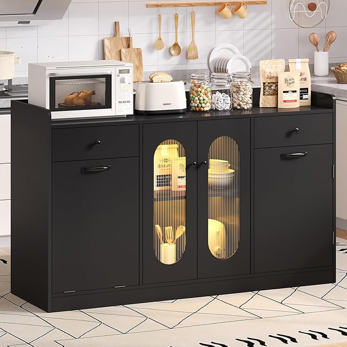 54" Farmhouse Sideboard Buffet Cabinet, Modern Credenza with LED Lights & Glass Doors, Black Credenza Storage & Kitchen Buffet with Countertop, 4 Doors 2 Shelves