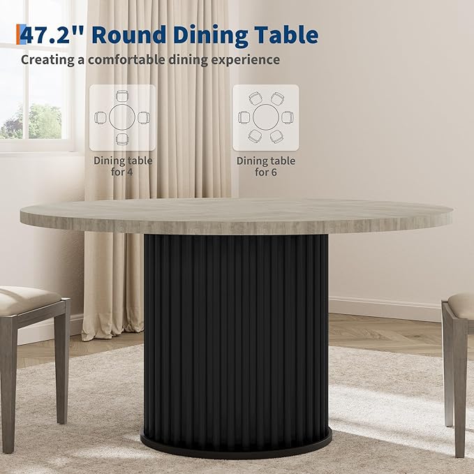 GarveeHome 47" Round Dining Table for 4-6 People, Dining Room Table with Sturdy Waveform Metal Pedestal Base, Farmhouse Circle Kitchen Table for Dining Room, Kitchen
