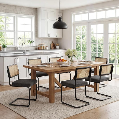 Zesthouse Natural Rattan Dining Chairs Set of 4, Mid Century Modern Dining Chairs with Solid Wood Back & Black Matte Base for Kitchen, Breuer Design Inspired, Upholstered Linen Fabric, Dark Grey