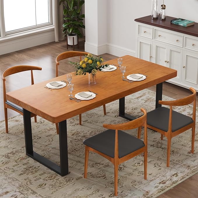 Stylish Modern Minimalist Solid Wood Dining Table with Sturdy Metal Base – Easy Assembly, Versatile Design for Dining Rooms, Living Seats 4-6 (63 * 27.5 * 29.5)
