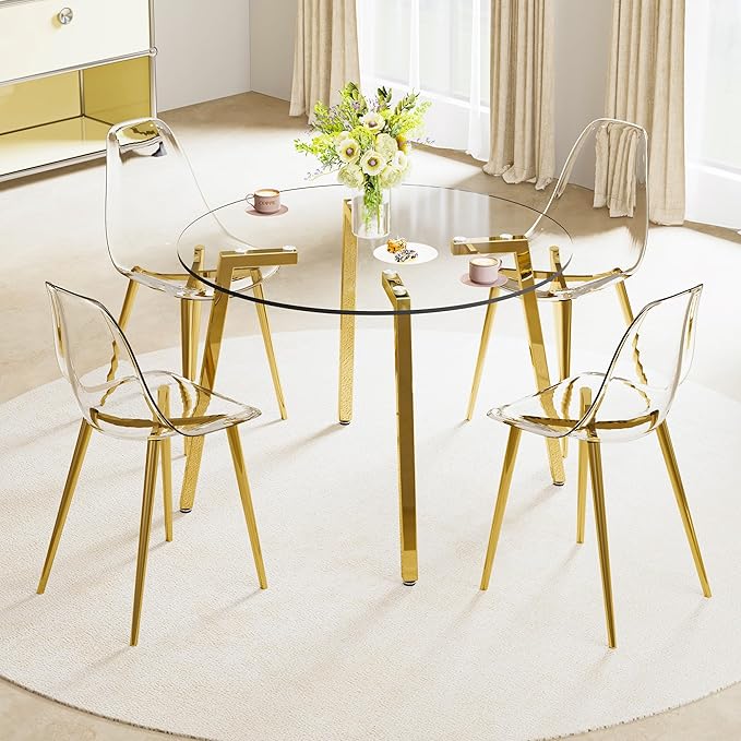 Round Glass Dining Table Set with 4 Transparent Plastic Chairs, 42 Inch Diameter Clear Tempered Glass Top with Gold Metal Legs, Contemporary Aesthetic for Dining Room and Kitchen