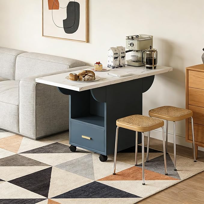 Folding Dining Table with Storage Drawer & Lockable Wheels, Marble Texture Drop Leaf Kitchen Table for Dining Room, Apartment