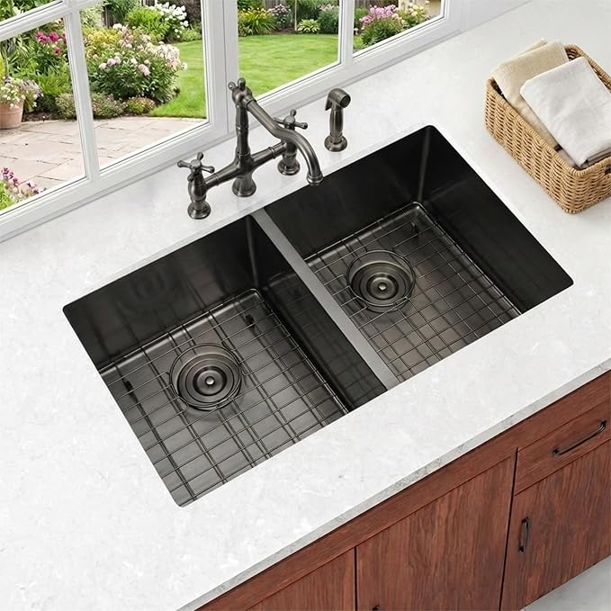 Black RV Kitchen Sink 27 X 16 inch,50/50 Double Bowl Undermount Kitchen Sink,16 Gauge Stainless Steel Kitchen Sinks for RV