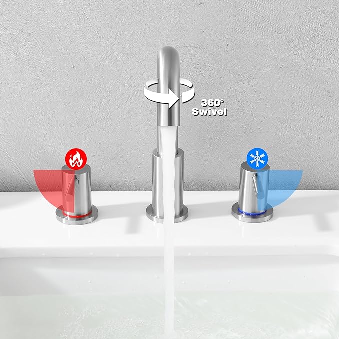 Brushed Nickel Bathroom Faucet 3 Hole, 2 Handle Bathroom Sink Faucet, 8 Inch Widespread Bathroom Faucets, Stainless Steel Vanity Faucet for Bathroom Sink with Pop Up Drain, AML-21754-BN