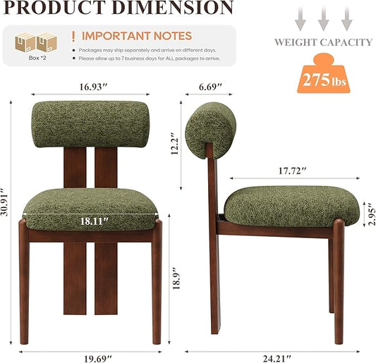 MALOL Modern Wooden Dining Chairs Set of 4, Upholstered Fabric Kitchen Chairs with Sculptural Backrest, Mid-Century Farmhouse Dining Room Chairs with Solid Wood Legs, Green