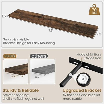72"W x 9.3"D Floating Shelves for Wall, Wall Mounted Bathroom Shelves 1 Pack Deep Floating Shelf for Bedroom Kitchen Living Room, Rustic Wooden Wall Shelf with Invisible Bracket for Books Decor