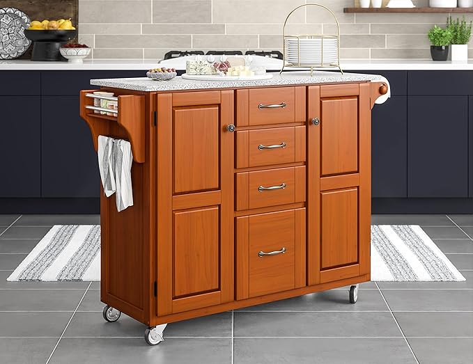 Home Styles Large Mobile Create-a-Cart Warm Oak Finish Two Door Cabinet Kitchen Cart with Salt and Pepper Granite Top, Adjustable Shelving, Four Large Utility Drawers