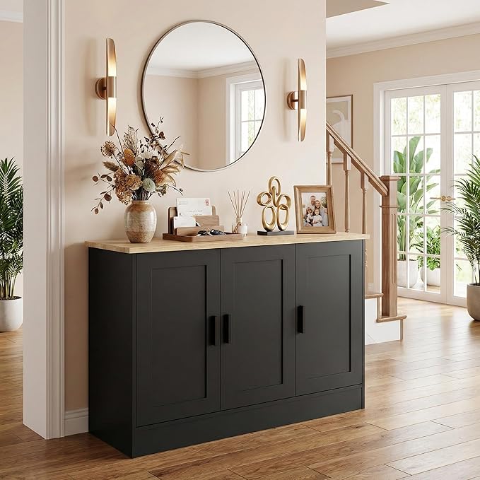 Anystyle 43" Black Buffet Cabinet with Black Handles, Small Kitchen Sideboard with 3 Doors & Adjustable Shelves, Modern Entryway Credenza & TV Console Table for Living Room, Dining Room
