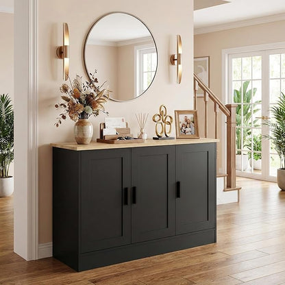 Anystyle 43" Black Buffet Cabinet with Black Handles, Small Kitchen Sideboard with 3 Doors & Adjustable Shelves, Modern Entryway Credenza & TV Console Table for Living Room, Dining Room