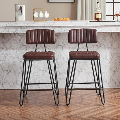 Bar Stools Set of 2, Counter Height Chairs with PU Leather Upholstery Metal Frame, Vintage Bar Chairs with Backrest Footrest for Kitchen Island, Dining Room, Home Bar, Brown