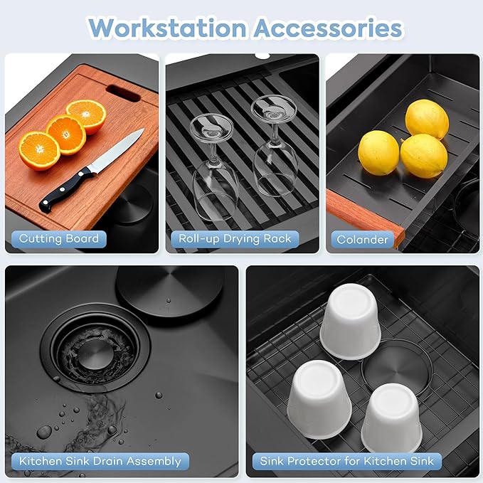 Black Farmhouse Kitchen Sink 36 x 22 Drop In, 50/50 Double Bowl Farm Sinks, 16 Gauge Stainless Steel Workstation Sink with Ledge & Accessories, 36" x 22" x 10" Large and Deep Double Sink