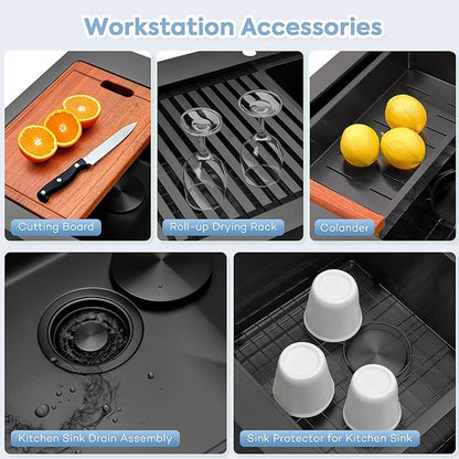 Black Farmhouse Kitchen Sink 33 x 22 Drop In, 50/50 Double Bowl Farm Sinks, 16 Gauge Stainless Steel Workstation Sink with Ledge & Accessories, 33" x 22" x 10" Large and Deep Double Sinks