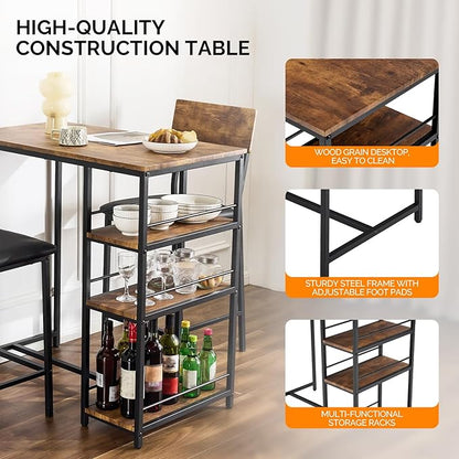 VINGLI Dining Table Set for 2, Kitchen Breakfast Counter Height Small 3 Piece Bar Table and Chairs Set with Storage, Brown