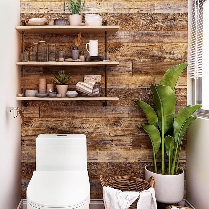 Yun-aeon Brown Wood Peel and Stick Wallpaper 17.3" X 1200"Coffee Brown PVC Self Adhesive Wood Wall Peel and Stick Paper for Wall Covering Furniture Countertop Kitchen Christmas DIY