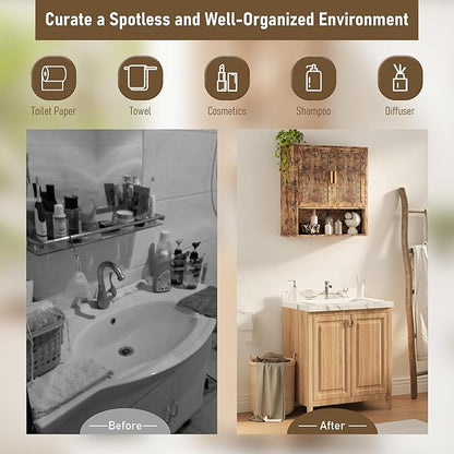 INNOD Bathroom Wall Cabinet, Wall-Mounted Medicine Cabinet with Adjustable Wood Shelf & Doors, Floating Bathroom Cabinet Over Toilet for Laundry Room & Kitchen & Living Room (Retro)