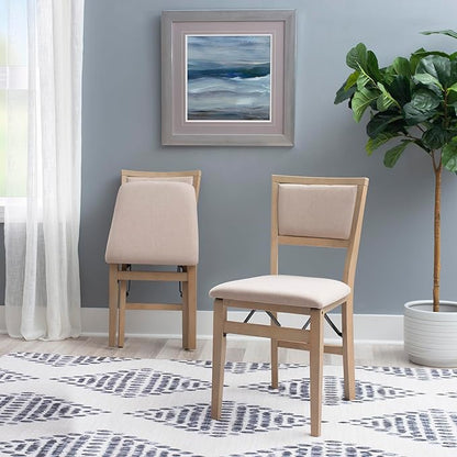 Linon Keira Natural Rustic Wooden Folding Chair with Beige Upholstered Seat and Back Set of 2