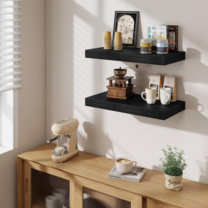 Fun Memories 24 Inch Floating Shelves Wall-Mounted, 12 Inch Deep Wall Shelves, 24 x 12 Floating Shelf, Deep Storage Shelf for Living Room Bathroom Bedroom, Black, Set of 2